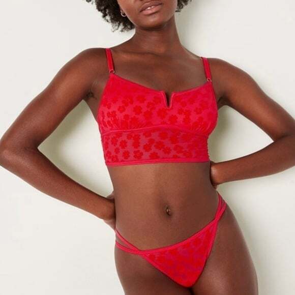 PINK Other - Victoria’s Secret PINK Red Floral Flocked Mesh Bralette